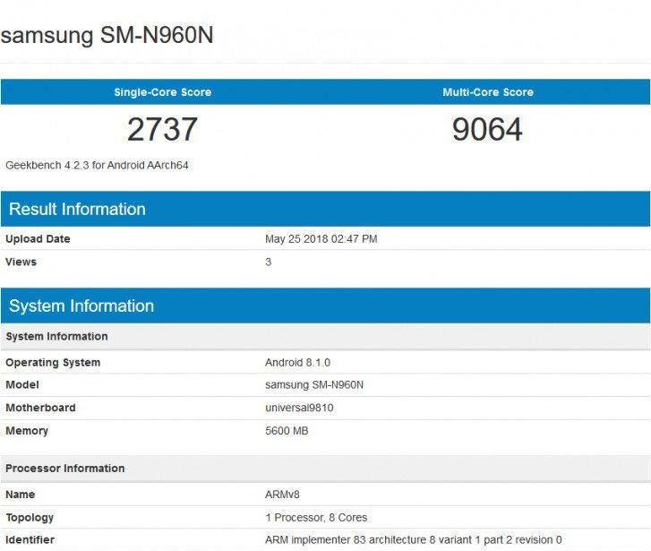Ambas variantes, una con SoC Snapdragon 845 y otra con Exynos 9810, fueron descubiertas en la plataforma de benchmarking. La variante de Exynos obtuvo 2737 puntos en la prueba de un solo núcleo, mientras que la puntuación de la prueba de múltiples núcleos es de 9064 puntos.